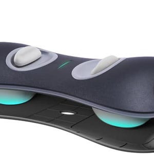 May include: A black foot massager with two round massage rollers and a remote control. The massager has a handle and a textured base.