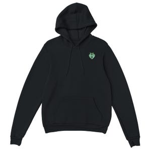 May include: Black hooded sweatshirt with a green heart-shaped graphic on the front.