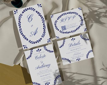 Puede incluir: Conjunto de invitaciones de boda con diseños florales azules y blancos. La invitación incluye los nombres Celeste y Anthony, la fecha y el lugar de la boda. La tarjeta RSVP incluye un código QR. La tarjeta de detalles incluye la hora, la fecha y el lugar de la boda.