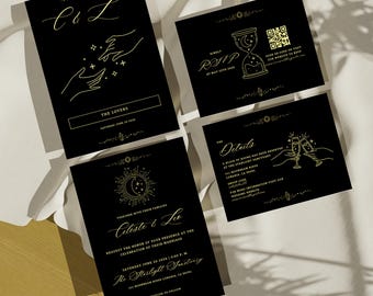 Tarot Wedding Invitation Suite: Celestial Zodiac Template (Canva Editable, Digital Download)