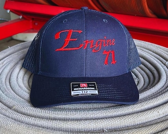 Custom embroidered Fire department hat. Navy colored richardson 112 trucker hat.