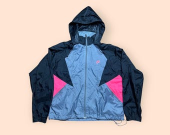 Vintage 1990s Nike Windbreaker Jacket Medium Gray Black Pink 90s