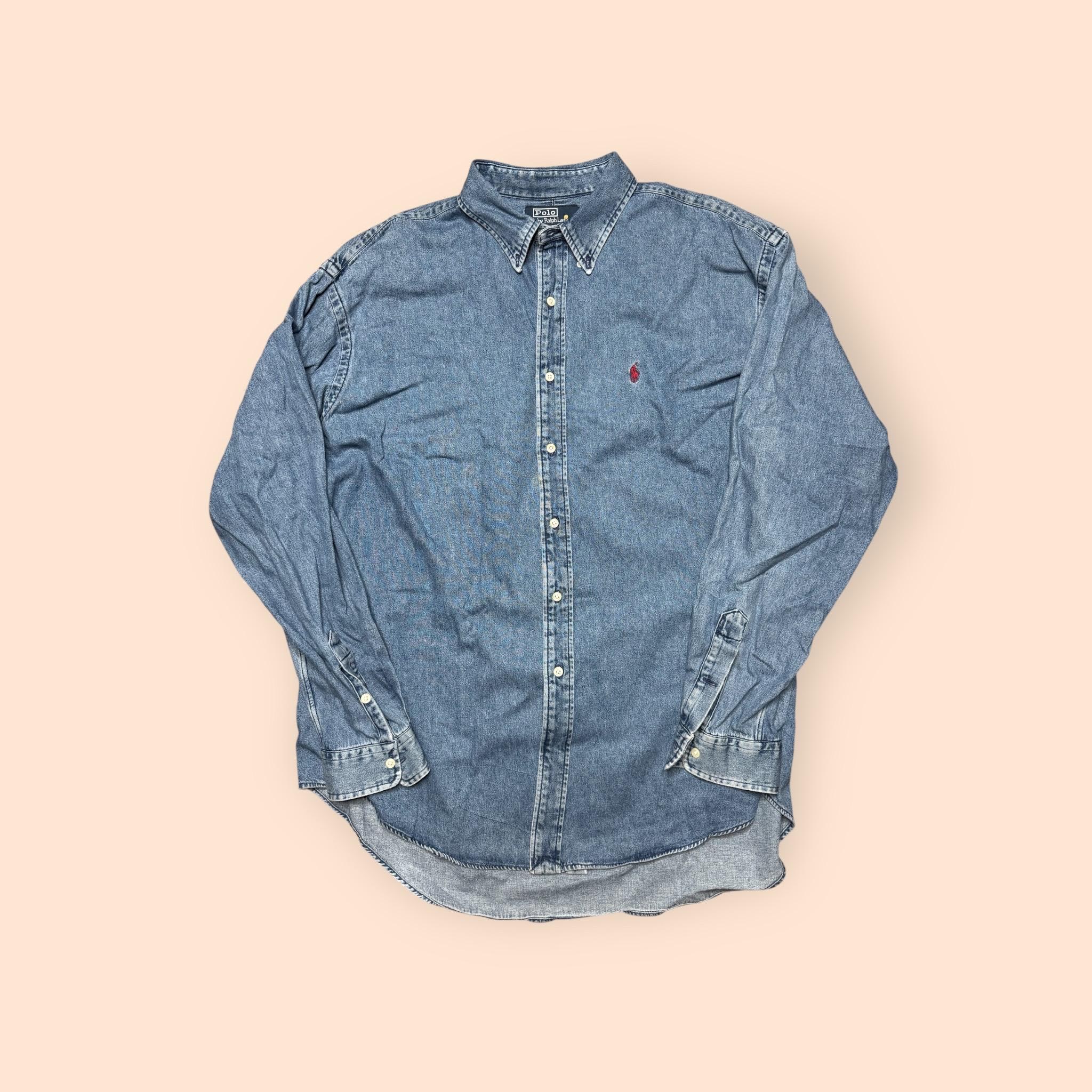 トップス 1990s POLO RALPH LAUREN DENIM SWEAT POLO Vintage 90s Polo Ralph Lauren Jeans Blue Shirt Button Down
