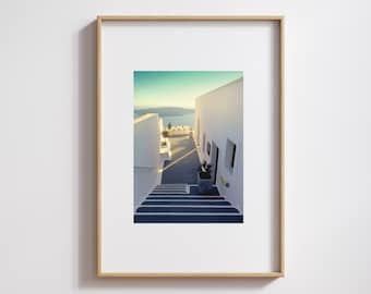 Impresiones fotográficas digitales de la puesta de sol en Santorini, arte mural de islas griegas, paisaje costero y decoración mediterránea.