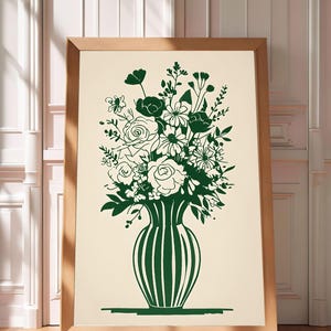 Póster de jarrón con estampado floral verde, jarrón de rayas retro con flores dibujadas a mano, decoración minimalista moderna para sala de estar, estampado de ramo floral vintage