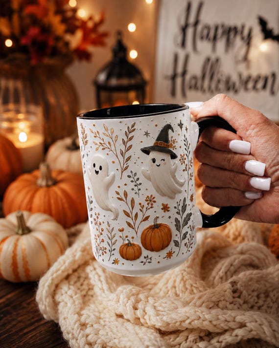 Halloween Ghost Embossed Mug, Cute Fall Coffee Cup, Witch Ghost Mug, Pumpkin Autumn Gift, Cozy Halloween Kitchen Decor