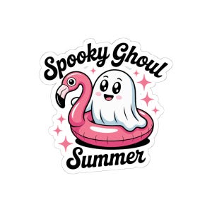 Spooky Ghoul Sommer, Summerween Aufkleber, Geist auf einem Pool Floaty, Pinker Flamingo, Gruseliger Sommer