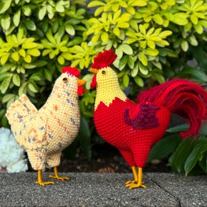 Handmade Crochet Rooster & Hen Set - 10&quot; Realistic Farm Plushies with Poseable Crochet Rooster Tail - Nursery Decor, Gift for Chicken Lovers