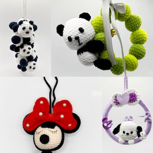 Gehaakt hangend autoornament - schattige panda, puppy en Minnie Charms - levendig garen autodecor, gebreide panda/hond autodecor, cadeau voor autoliefhebbers