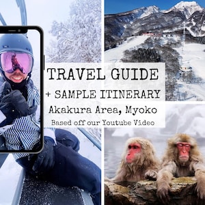 Puede incluir: Una guía de viaje y un itinerario de muestra para la zona de Akakura en Myoko, Japón. La guía se basa en un video de YouTube. La imagen muestra un paisaje montañoso nevado, una persona con ropa de esquí y monos de nieve en una fuente termal.