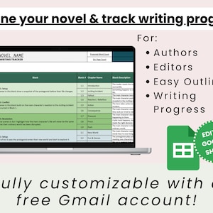 May include: A laptop screen displays a novel outline and writing tracker template. The text reads "Outline your novel & track writing progress." The template is for authors, editors, and writing progress. It is fully customizable with a free Gmail account.