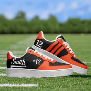 Custom Sports Mom Sneakers – Personalized Game Day Shoes Name & Number – Team Colors – Proud Sports Mom Gift – Team Shoe –Orange and Black