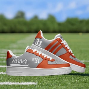 Custom Sports Mom Sneakers – Personalized Game Day Shoes Name & Number – Team Colors – Proud Sports Mom Gift – Burnt Orange and Gray