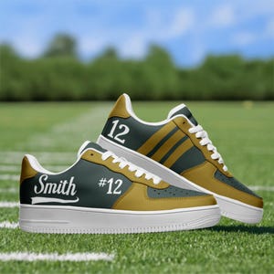 Custom Sports Mom Sneakers – Personalized Game Day Shoes Name & Number – Team Colors – Proud Sports Mom Gift –Forest Green and Gold