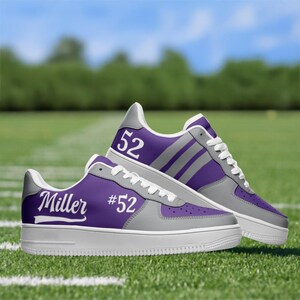 Custom Sports Mom Sneakers – Personalized Game Day Shoes Name & Number – Team Colors – Proud Sports Mom Gift – Team Shoe –Purple and Gray