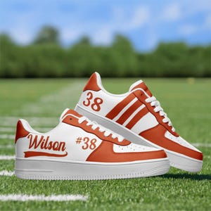 Custom Sports Mom Sneakers – Personalized Game Day Shoes Name & Number – Team Colors – Proud Sports Mom Gift – Burnt Orange and White