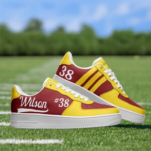 Custom Sports Mom Sneakers – Personalized Game Day Shoes Name & Number – Team Colors – Proud Sports Mom Gift – Crimson Red and Bright Yellow