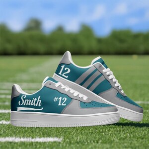 Custom Sports Mom Sneakers – Personalized Game Day Shoes Name & Number – Team Colors – Proud Sports Mom Gift – Team Shoe – Teal and Gray