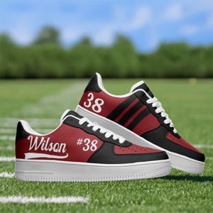 Custom Sports Mom Sneakers – Personalized Game Day Shoes Name & Number – Team Colors – Proud Sports Mom Gift  – Crimson Red and Black