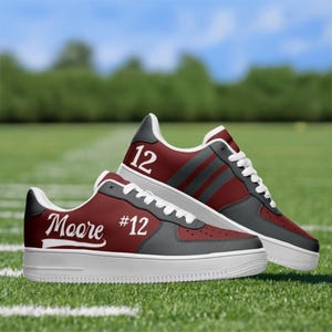 Custom Sports Mom Sneakers – Personalized Game Day Shoes Name & Number – Team Colors – Proud Sports Mom Gift – Maroon Red and Charcoal