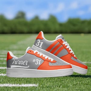 Custom Sports Mom Sneakers – Personalized Game Day Shoes Name & Number – Team Colors – Proud Sports Mom Gift – Team Shoe –Orange and Gray