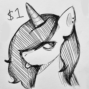 May include: A black and white sketch of a unicorn's head, featuring a detailed horn and flowing mane. The drawing style uses cross-hatching to create shadows and depth. The text "$1" is in the upper left corner.