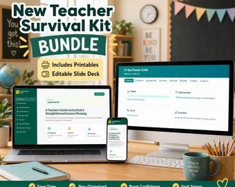 New Teacher Survival Kit, Digital Print Bundle, IEP 504 ELL Compliance, Editable Lesson Templates, Wellness Journal, Classroom Mgt Guide