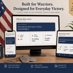Op de afbeelding: Een digitaal wellnessplatform voor veteranen wordt weergegeven op een computermonitor, smartphone en tablet. De apparaten tonen de tekst "Welcome back, warrior" en "Every day you show up is a victory." Een Amerikaanse vlag en een koffiemok staan op de achtergrond.