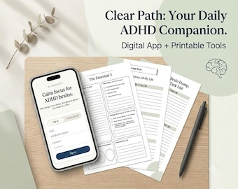 ADHD Adult Digital Planner App, Executive Functioning Tracker, Medication Tracker, Clean Routine Sunday Reset Bundle, Clear Path, PDF Prints