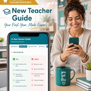 May include: A smartphone screen displays a New Teacher Guide app with a Do's and Don'ts list. The interface features a teal header, a white background, and green checkmarks for positive actions alongside red x-marks for negative behaviors.