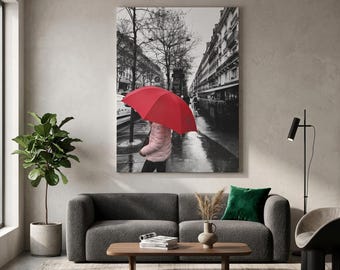 Street Photography Wall Art, Red Umbrella Canvas, Black White French Wall Decor