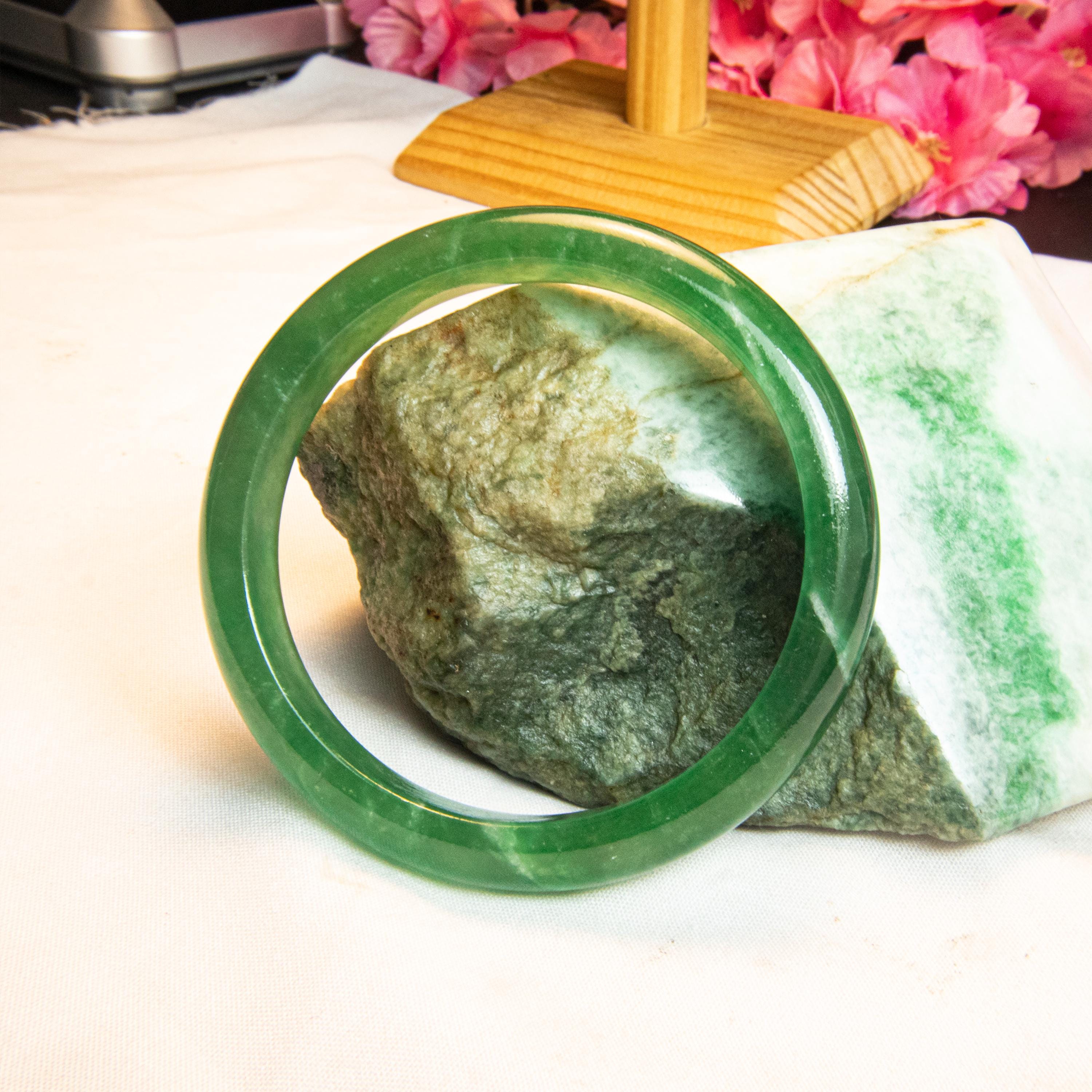 62mm Natural Burmese Jadeite Bangle: Natural Green Jade Bracelet, Harmony Amulet