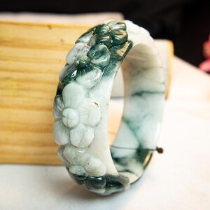 61mmGrade A Natural Burmese Jadeite Jade Bangle Bracelet–Milky White Green Accents, Hand-Carved Lucky Pikul Flower Motif, 26mm Thick, Amulet