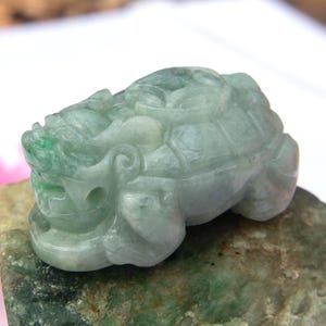 25mm Dragon Turtle Jade Pendant Necklace-Hand-Carved Grade A Burmese Jadeite Type A White, Green Pixiu Turtle Prosperity, Longevity, Amulet