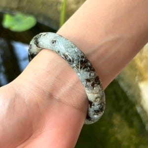 55mm Natural Burmese Grade A Jadeite Jade Bangle Bracelet – Hand-Carved Floral Design, Light Green, Deep Green Accents, Symbol Luck, Balance