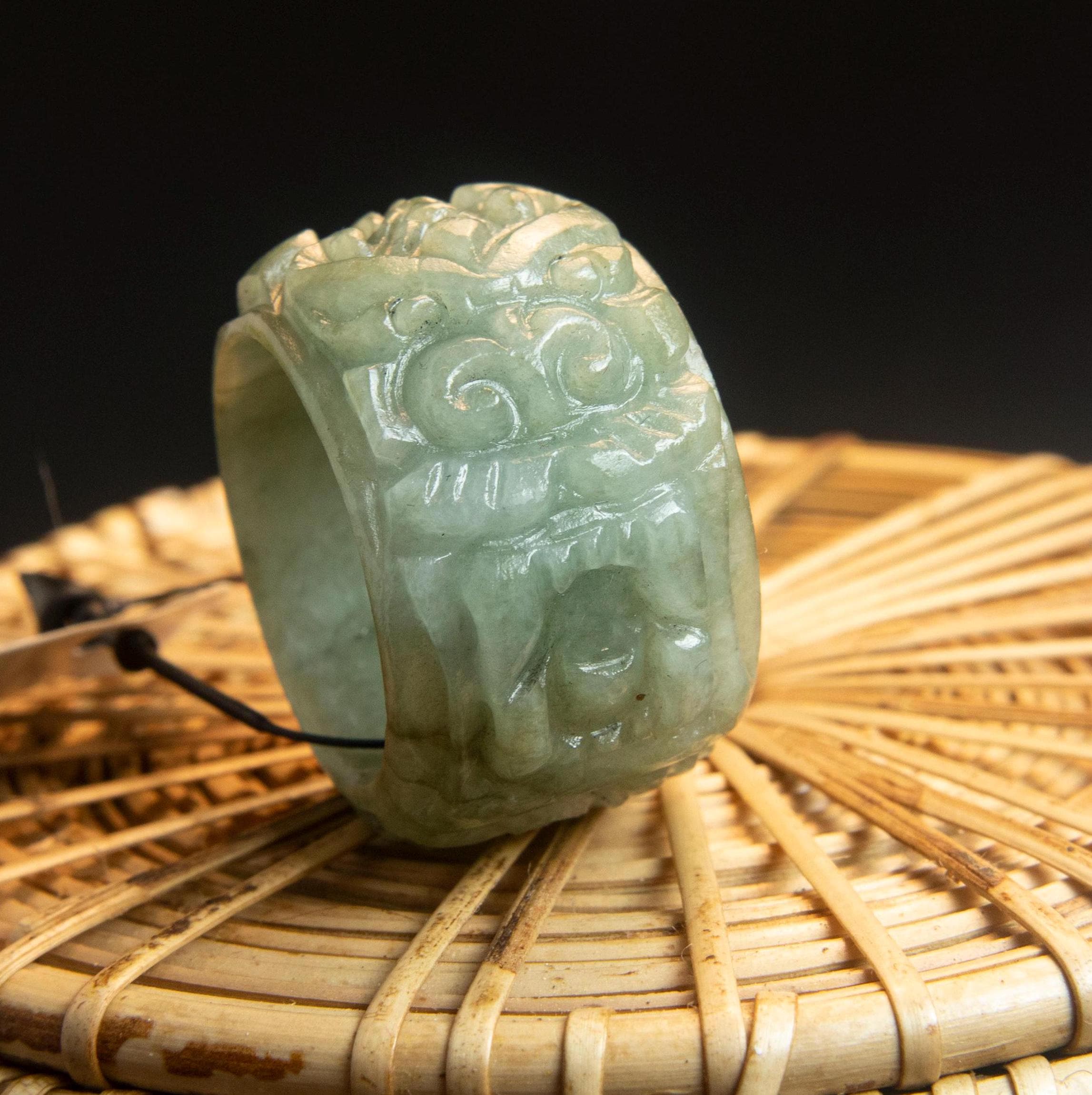 Natural Green Dragon Carved Jade Ring US Size 9 3/4 for Men