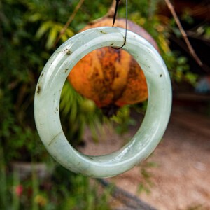 Small 53mm&quot; Natural Burmese Jade Bracelet | Grade A Hand-Carved Jadeite Bangle – Green, Ice Transparent “Moss in Snow” |  Amulet Luck Stone