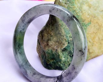 62MM Natural A-Grade Burmese Jadeite Jade Bracelet Bangle– Smoke Gray & Translucent Forest Green, Black Veins | Luxury Amulet for Protection