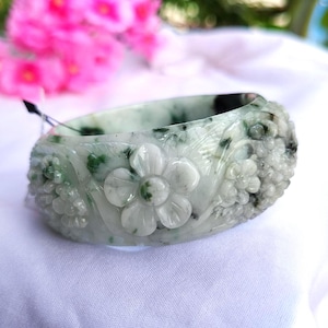 61mmNatural Burmese Jadeite Jade Bangle Bracelet–Grade A, Translucent white Green Accents, 30mm Thick, Hand-Carved Pikul Lucky Flower Amulet