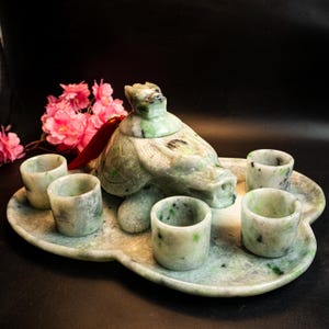 4.2" Natural Burmese Jadeite Dragon Turtle Teapot Set– Hand-Carved Grade A Jade | Feng Shui Symbol of Power, Peace & Prosperity, Amulet Luck