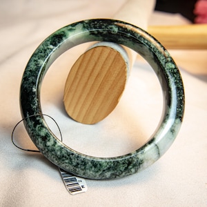 62MM Authentic Grade A Burmese Jadeite Bangle – Translucent Light Green & White “Moss-in-Snow Pattern | Symbol of Prosperity Fortune  Luck