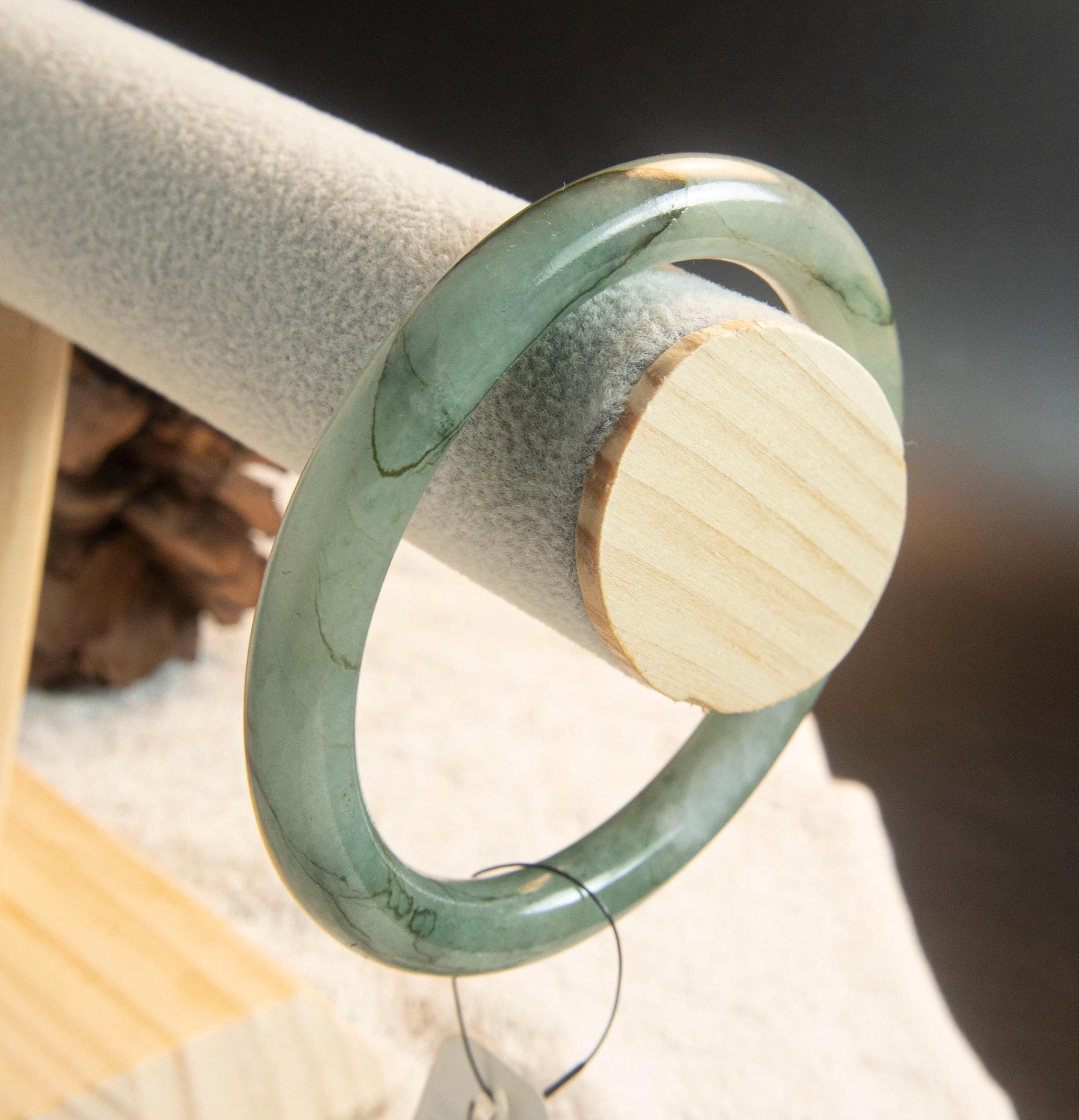 58.7mm Elegant Grade A Burmese Jade Bangle – Stunning Light & Dark Green Marble Pattern, Translucent Beauty Jadeite Bangle