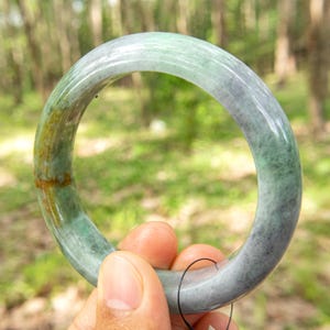 Lavender 62mm Natural Grade A Burmese Jadeite Bangle– “Moss-in-Snow” Translucent Green, Gray, Golden, Jade Bracelet Luck Amulet & Spiritual