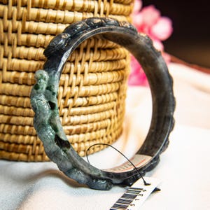 Rare 57mm Natural Burmese Jadeite Jade Bracelet Bangle–Translucent Grey-Green Jadeite Bangle with Dragon & Snake Carving Lucky Amulet Luxury