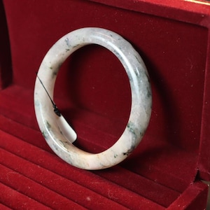 67mm Natural Grade A Burmese Jadeite Bangle–Translucent White Dark Green &quot;Moss in Snow&quot; Pattern | Luck Amulet Luxury Bracelet Jade Myanmar