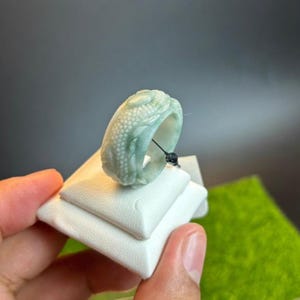 11US – Hand-Carved Grade A Natural &quot;Forest Green-White&quot; Jade Dragon Ring for Men-Jadeite Lucky Charm Luxury, Symbol of Strength & Prosperity
