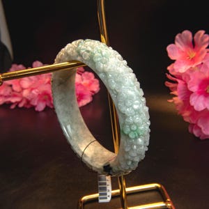 65mm Authentic Grade A Burmese Jadeite jade Bangle Bracelet – White & Light Green, Hand-Carved Jasmine Flower, Heavenly Stone Jewelry Amulet