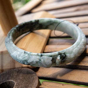 Small 55mm Natural Grade A Burmese Jadeite Bangle Bracelet – Hand-Carved Dragon & Swan Design, Green Jade Amulet Balance, Luck Luxury Stone