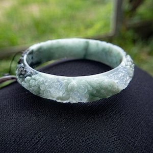 58mm Natural Grade A Burmese Jadeite Jade Bracelet Bangle– White, Light & Dark Green | Hand-Carved Jasmine Flowers | Elegant Lucky Talisman