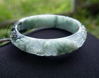 58mm Natural Grade A Burmese Jadeite Jade Bracelet Bangle– White, Light & Dark Green | Hand-Carved Jasmine Flowers | Elegant Lucky Talisman